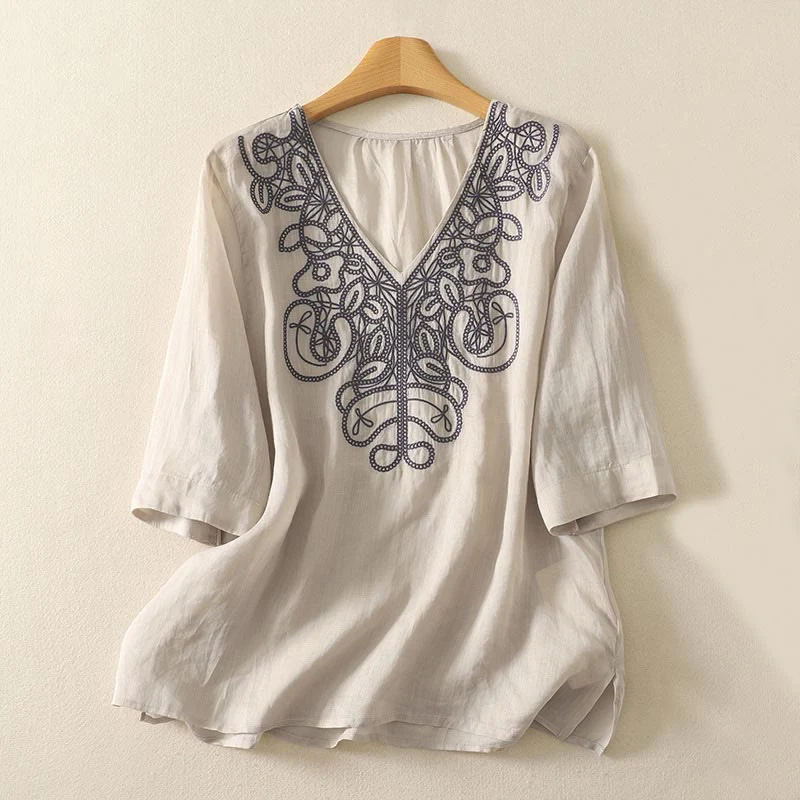 Maglietta casual da donna in cotone e lino con scollo a V e maniche corte, ricamata con Buddha Stones
