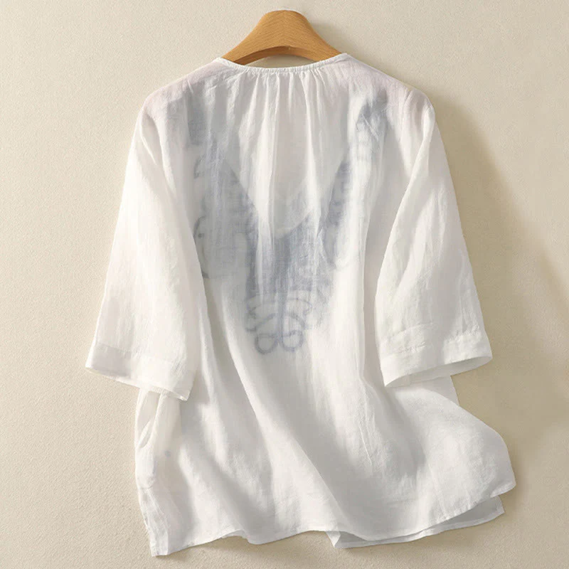 Maglietta casual da donna in cotone e lino con scollo a V e maniche corte, ricamata con Buddha Stones - Image 21