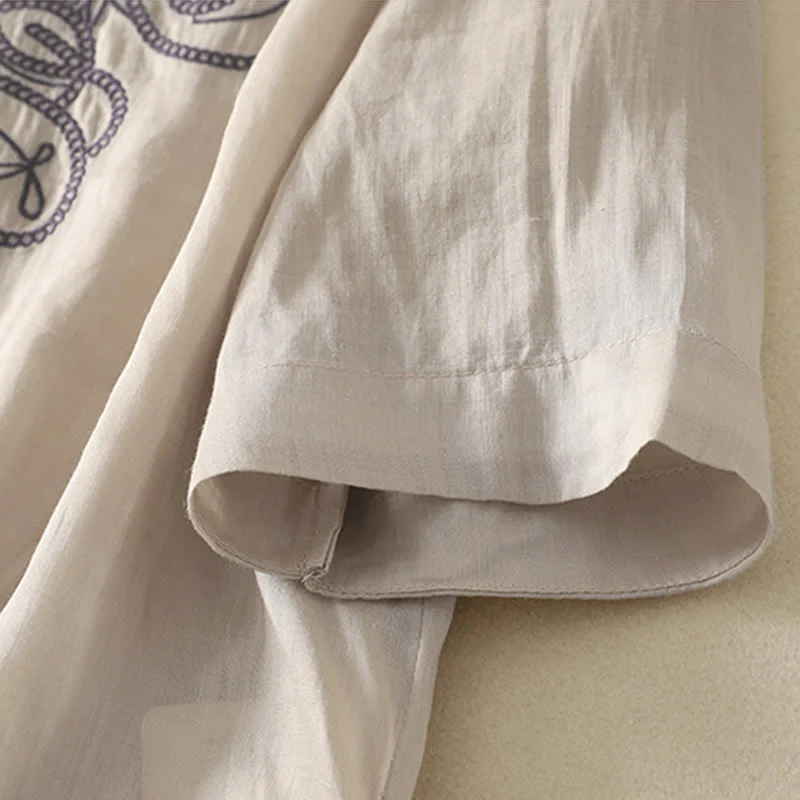 Maglietta casual da donna in cotone e lino con scollo a V e maniche corte, ricamata con Buddha Stones - Image 6