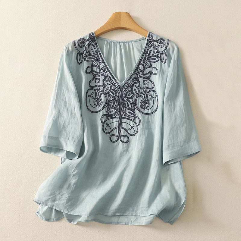 Maglietta casual da donna in cotone e lino con scollo a V e maniche corte, ricamata con Buddha Stones - Image 7