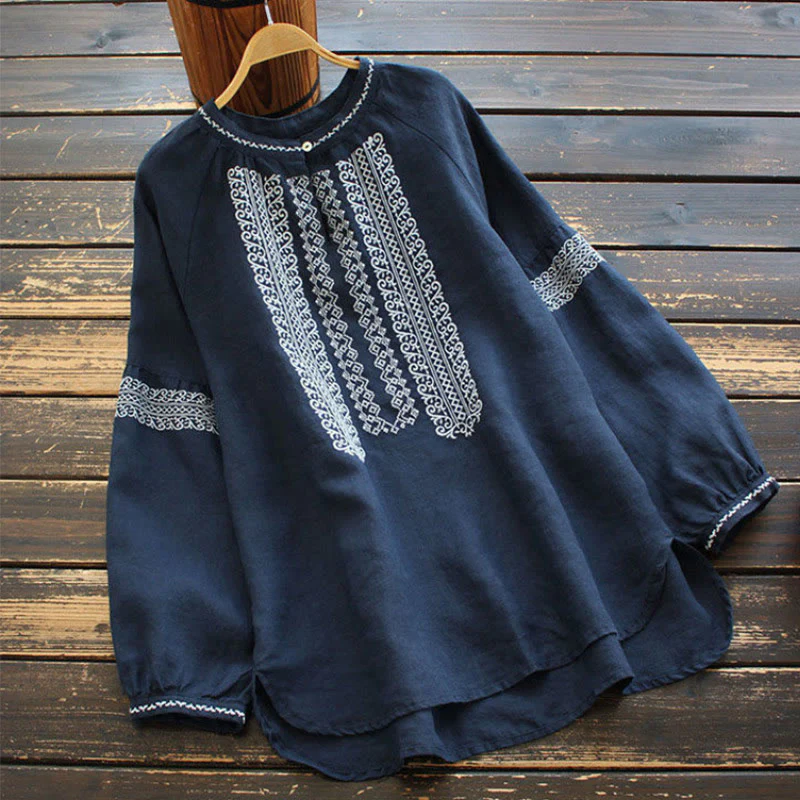 Maglietta da donna a maniche lunghe con scollo rotondo e ricamo etnico con Buddha Stones e motivo bohémien - Image 8