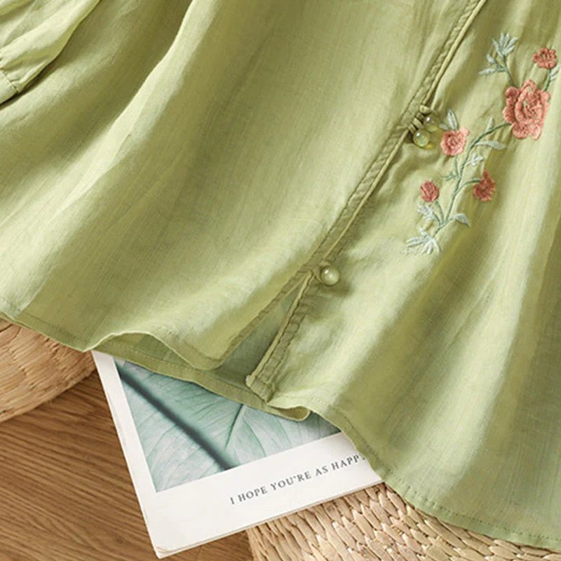 Maglietta da donna in cotone con scollo a V e fiori ricamati con Buddha Stones - Image 13