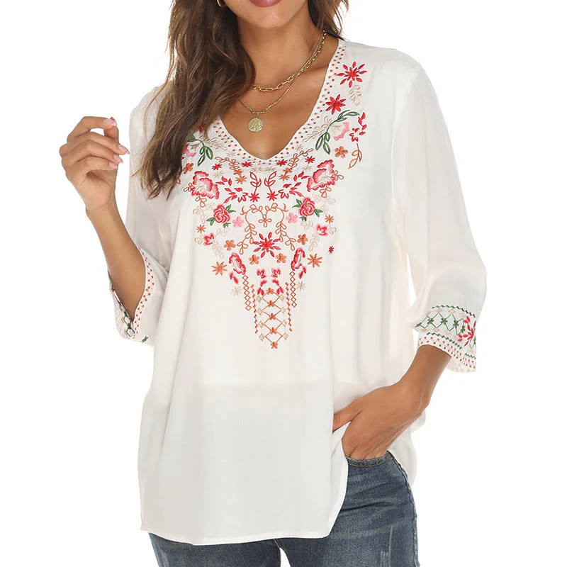 Maglietta da donna in cotone con scollo a V e maniche a tre quarti, motivo: Buddha Stones Summer Embroidery Flower Simple Design - Image 10
