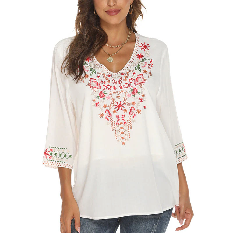 Maglietta da donna in cotone con scollo a V e maniche a tre quarti, motivo: Buddha Stones Summer Embroidery Flower Simple Design - Image 11