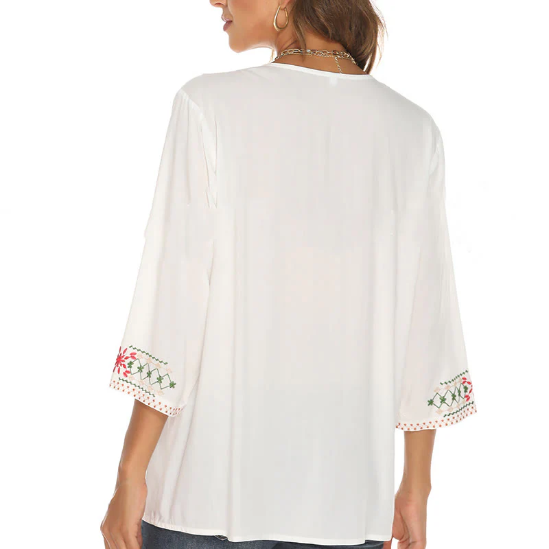 Maglietta da donna in cotone con scollo a V e maniche a tre quarti, motivo: Buddha Stones Summer Embroidery Flower Simple Design - Image 12