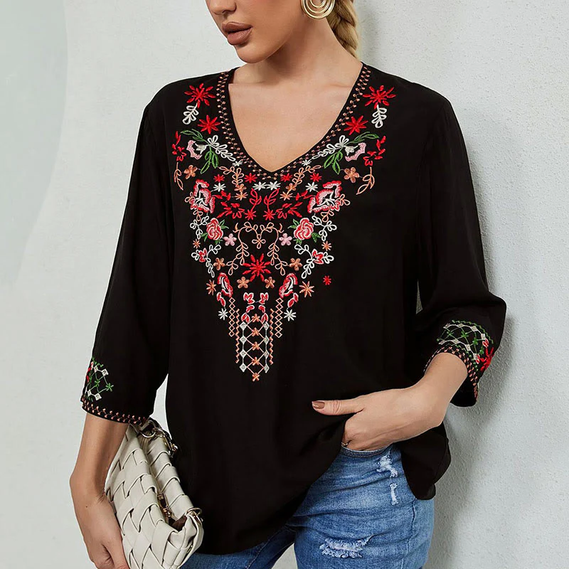 Maglietta da donna in cotone con scollo a V e maniche a tre quarti, motivo: Buddha Stones Summer Embroidery Flower Simple Design - Image 3