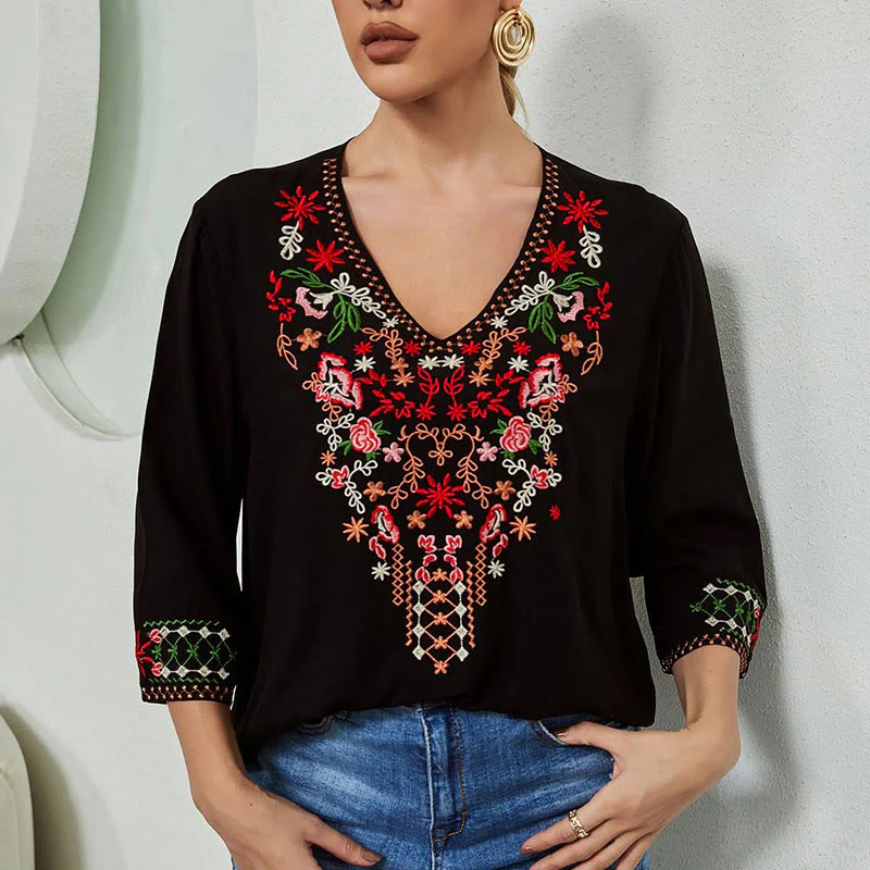 Maglietta da donna in cotone con scollo a V e maniche a tre quarti, motivo: Buddha Stones Summer Embroidery Flower Simple Design - Image 4