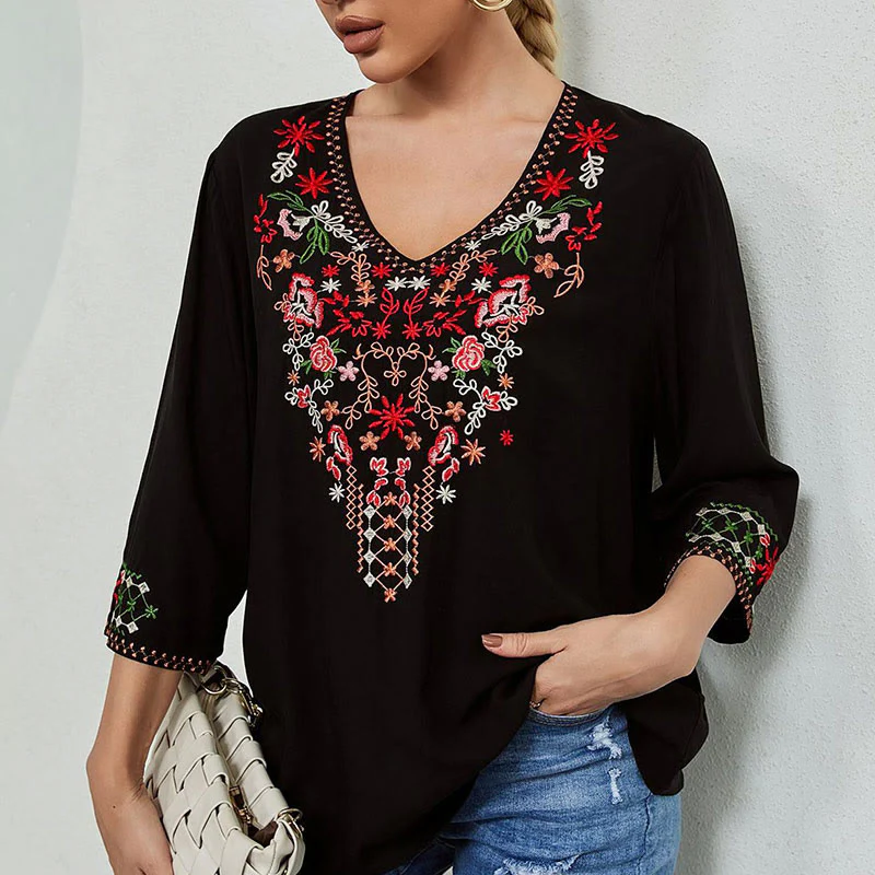 Maglietta da donna in cotone con scollo a V e maniche a tre quarti, motivo: Buddha Stones Summer Embroidery Flower Simple Design - Image 5