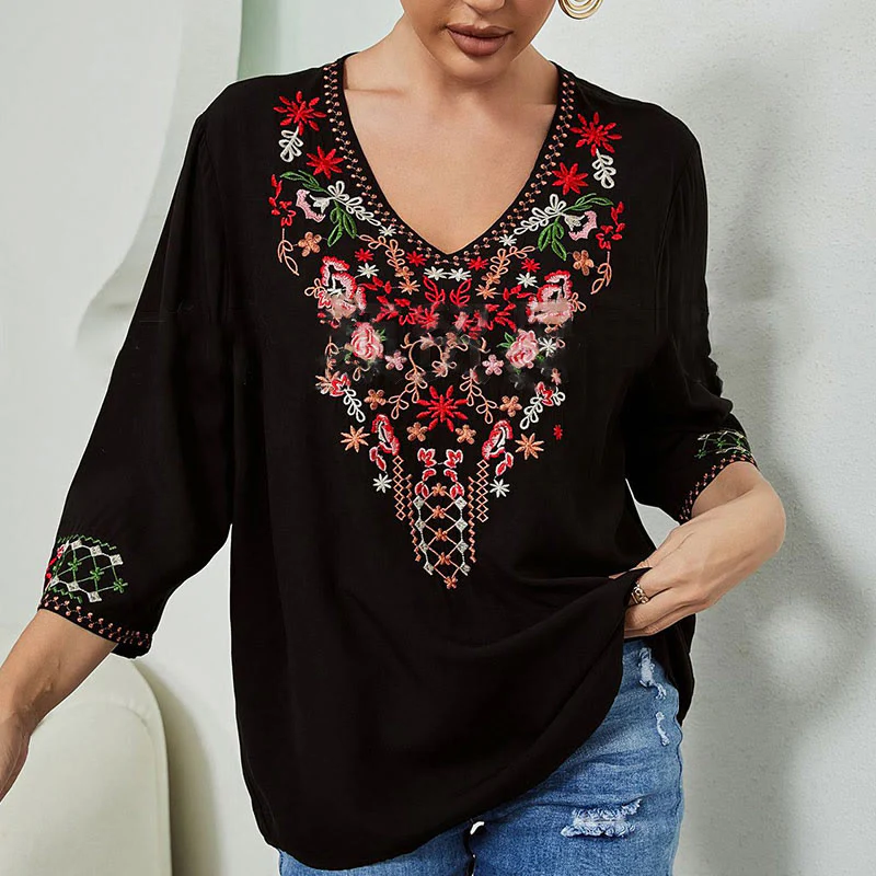 Maglietta da donna in cotone con scollo a V e maniche a tre quarti, motivo: Buddha Stones Summer Embroidery Flower Simple Design - Image 6