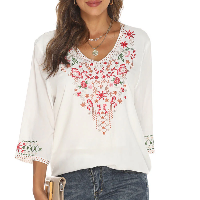Maglietta da donna in cotone con scollo a V e maniche a tre quarti, motivo: Buddha Stones Summer Embroidery Flower Simple Design - Image 8