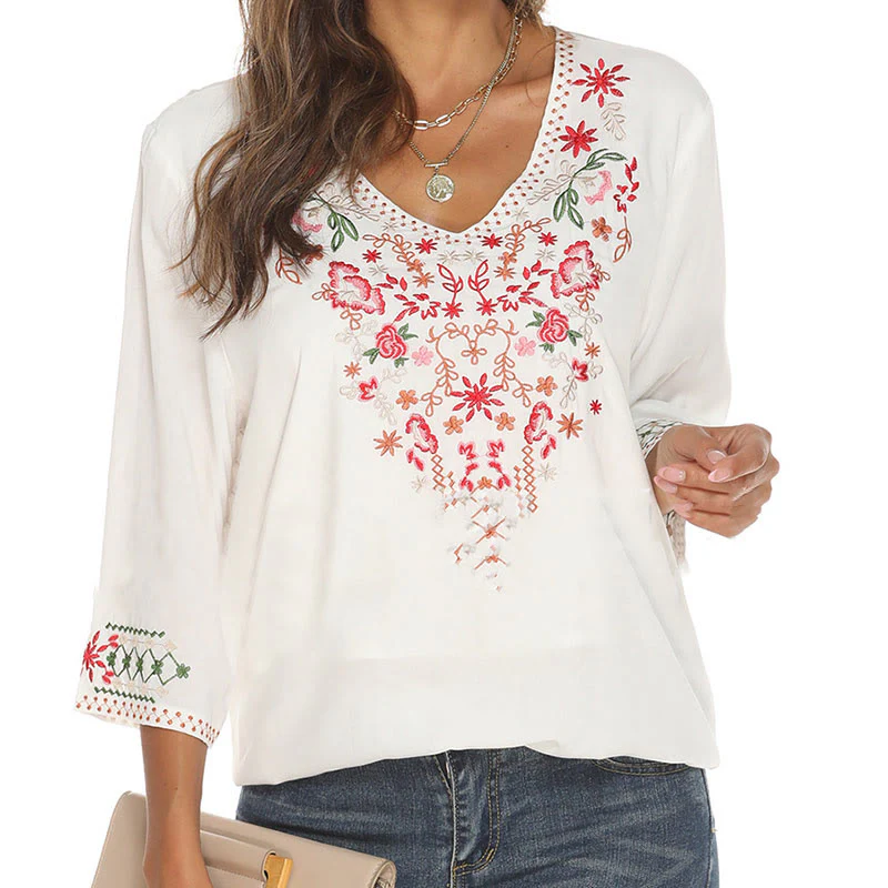 Maglietta da donna in cotone con scollo a V e maniche a tre quarti, motivo: Buddha Stones Summer Embroidery Flower Simple Design - Image 9