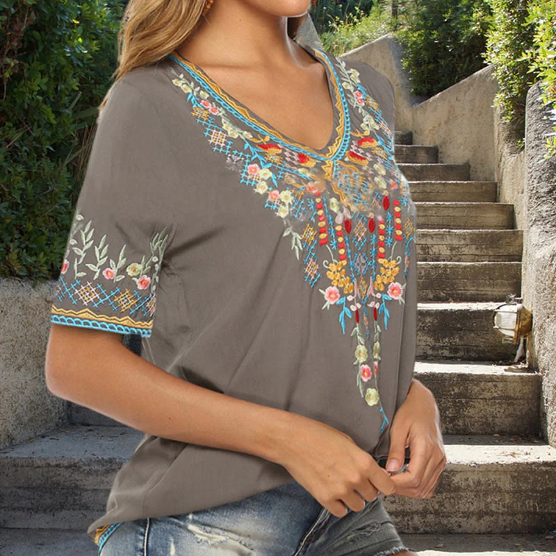 Maglietta da donna in cotone con scollo a V e maniche corte, motivo floreale con ricamo Buddha Stones - Image 6