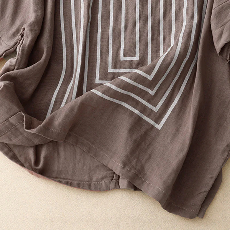 Maglietta da donna in cotone e lino a maniche corte con motivo stampato a linee casuali Buddha Stones - Image 21
