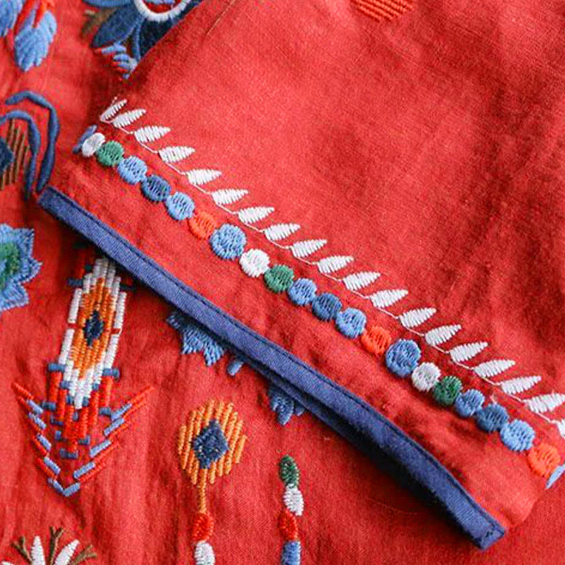 Maglietta da donna in cotone e lino a maniche corte con scollo a giro e ricamo artistico retrò con motivo floreale Buddha Stones - Image 11