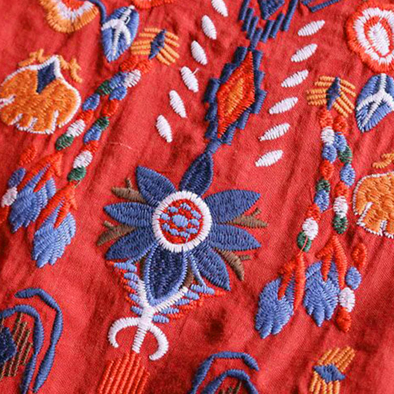 Maglietta da donna in cotone e lino a maniche corte con scollo a giro e ricamo artistico retrò con motivo floreale Buddha Stones - Image 12