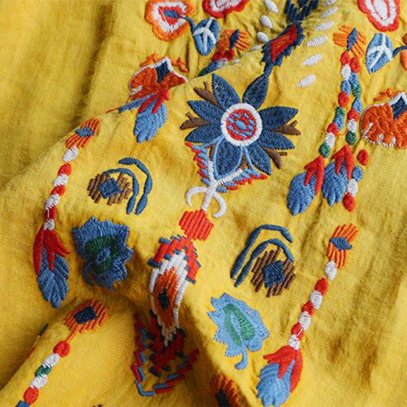 Maglietta da donna in cotone e lino a maniche corte con scollo a giro e ricamo artistico retrò con motivo floreale Buddha Stones - Image 18