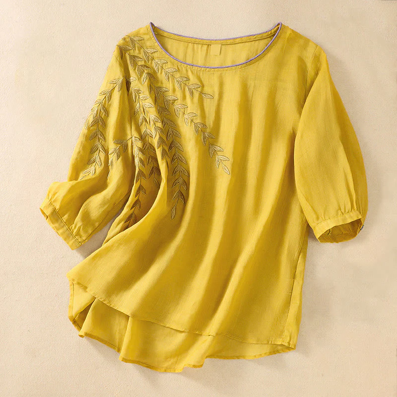 Maglietta da donna in cotone e lino con maniche a mezza manica, motivo Buddha Stones ricamate