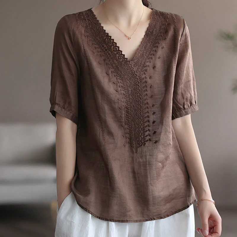 Maglietta da donna in cotone e lino con maniche corte, modello estivo casual ricamato con Buddha Stones scollo a V - Image 7