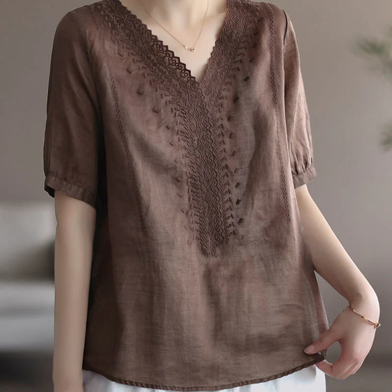 Maglietta da donna in cotone e lino con maniche corte, modello estivo casual ricamato con Buddha Stones scollo a V - Image 9