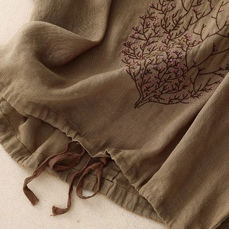Maglietta da donna in cotone e lino con scollo a giro e coulisse, casual, con ricamo Buddha Stones Tree - Image 21
