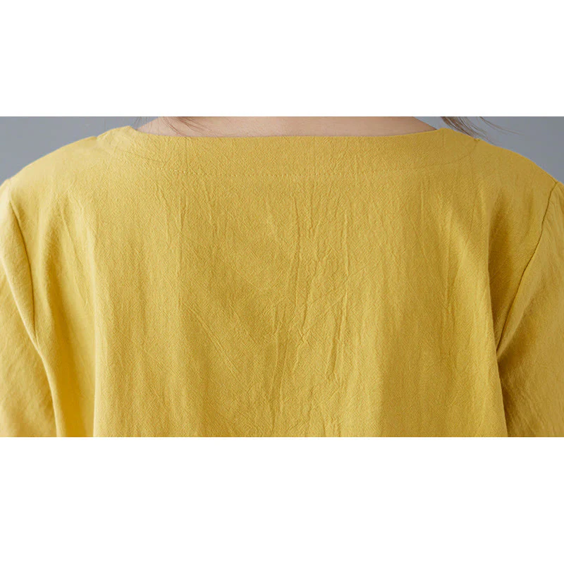Maglietta da donna in cotone e lino con scollo rotondo, manica corta, con tasca e design con spacchi laterali Buddha Stones - Image 10