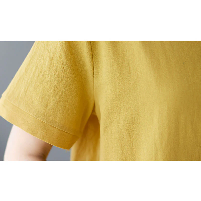 Maglietta da donna in cotone e lino con scollo rotondo, manica corta, con tasca e design con spacchi laterali Buddha Stones - Image 11