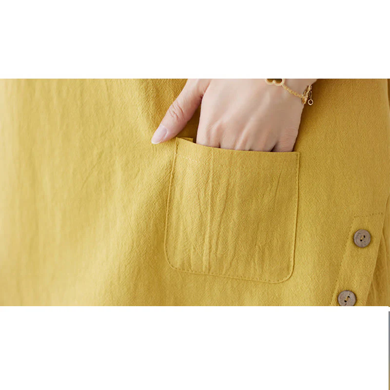 Maglietta da donna in cotone e lino con scollo rotondo, manica corta, con tasca e design con spacchi laterali Buddha Stones - Image 12