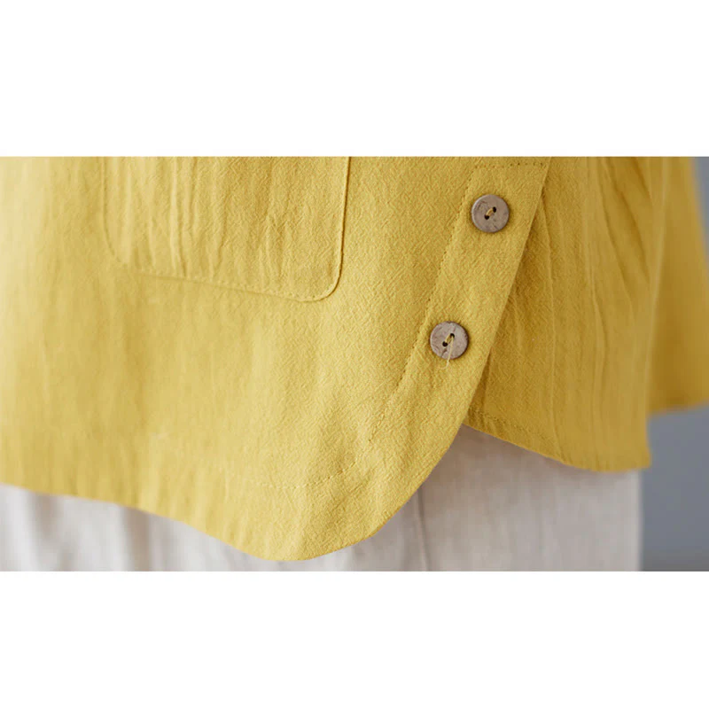 Maglietta da donna in cotone e lino con scollo rotondo, manica corta, con tasca e design con spacchi laterali Buddha Stones - Image 13