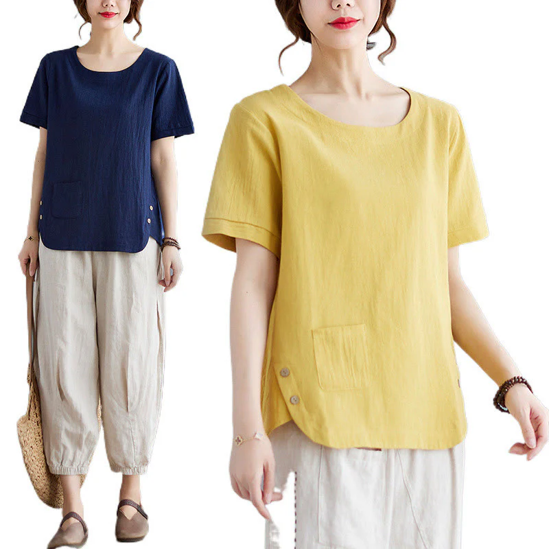 Maglietta da donna in cotone e lino con scollo rotondo, manica corta, con tasca e design con spacchi laterali Buddha Stones - Image 14