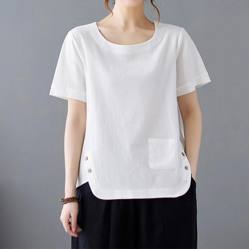 Maglietta da donna in cotone e lino con scollo rotondo, manica corta, con tasca e design con spacchi laterali Buddha Stones - Image 15