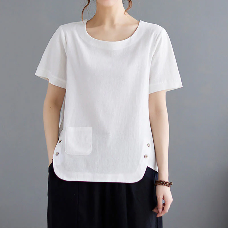 Maglietta da donna in cotone e lino con scollo rotondo, manica corta, con tasca e design con spacchi laterali Buddha Stones - Image 16