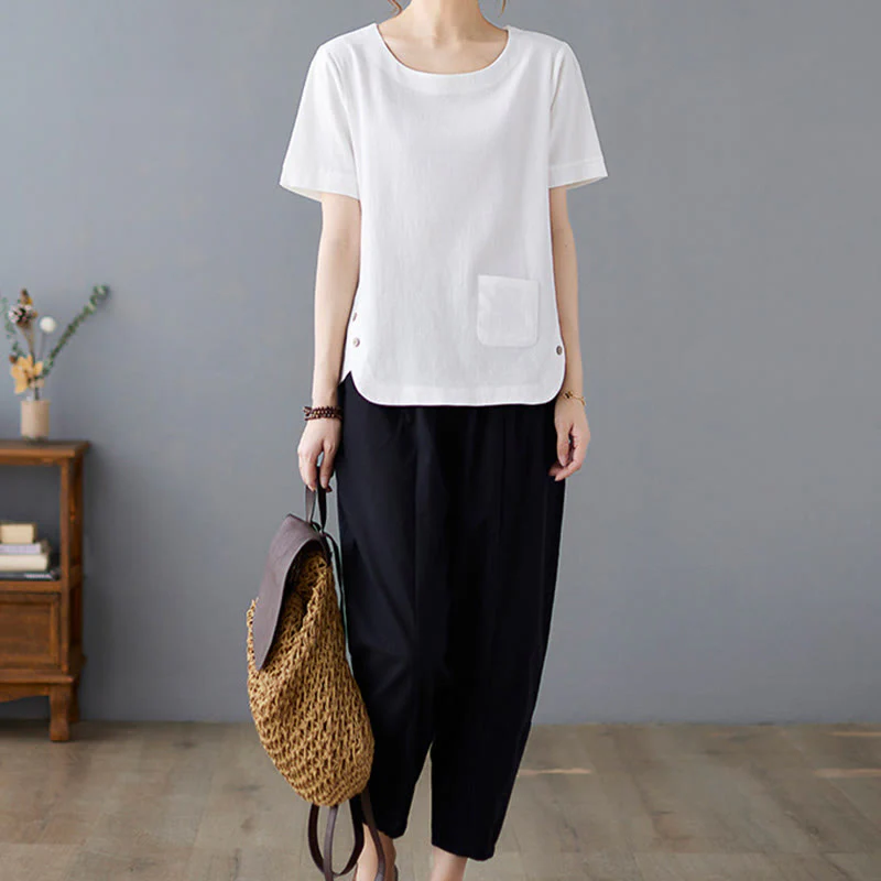 Maglietta da donna in cotone e lino con scollo rotondo, manica corta, con tasca e design con spacchi laterali Buddha Stones - Image 18