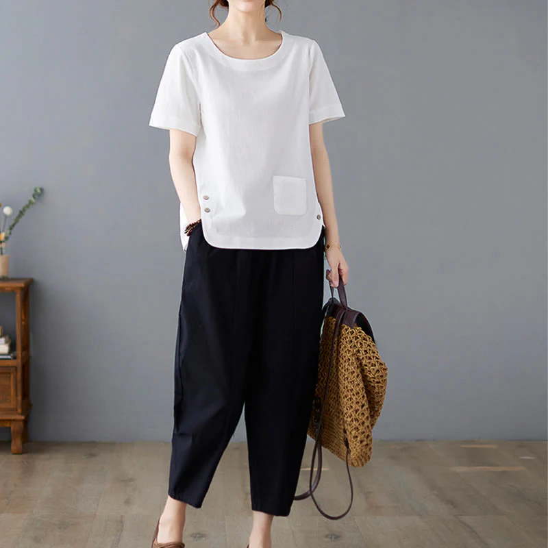 Maglietta da donna in cotone e lino con scollo rotondo, manica corta, con tasca e design con spacchi laterali Buddha Stones - Image 19