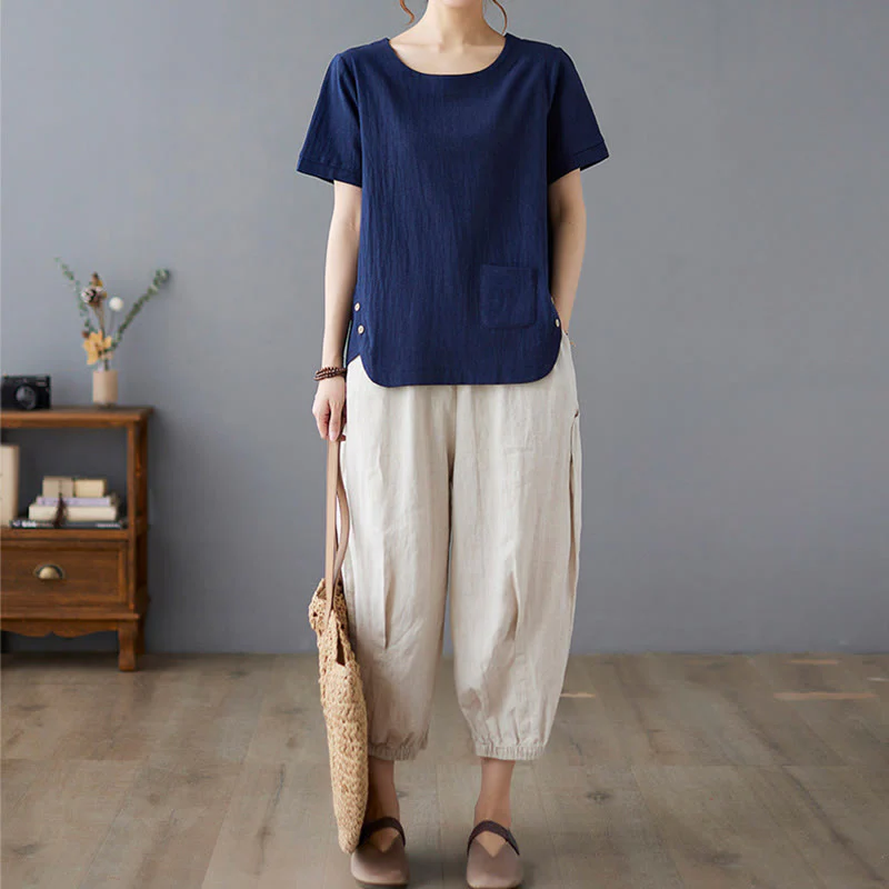 Maglietta da donna in cotone e lino con scollo rotondo, manica corta, con tasca e design con spacchi laterali Buddha Stones - Image 24