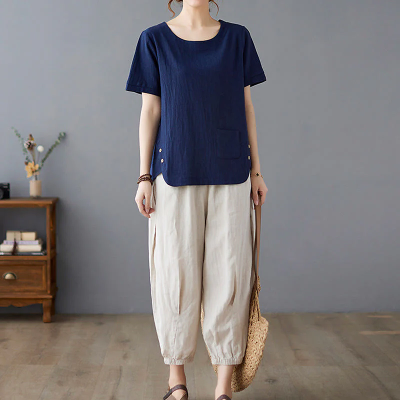 Maglietta da donna in cotone e lino con scollo rotondo, manica corta, con tasca e design con spacchi laterali Buddha Stones - Image 25