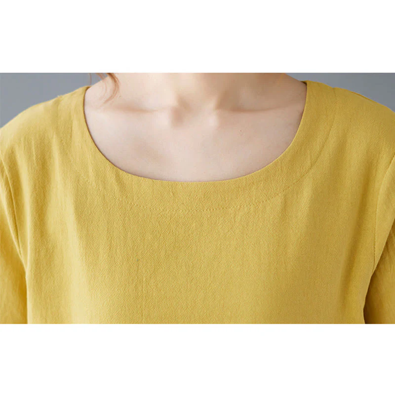 Maglietta da donna in cotone e lino con scollo rotondo, manica corta, con tasca e design con spacchi laterali Buddha Stones - Image 9