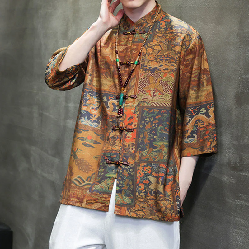 Camicie da uomo a maniche corte con maniche a tre quarti, motivo paesaggio con Buddha Stones drago cinese. - Image 20