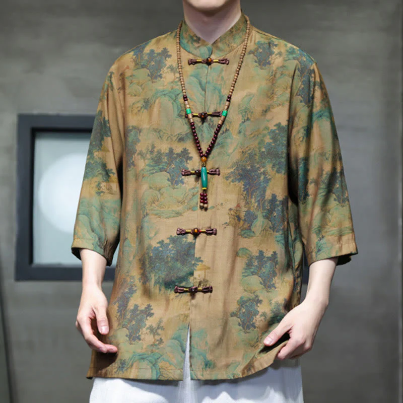 Camicie da uomo a maniche corte con maniche a tre quarti, motivo paesaggio con Buddha Stones drago cinese. - Image 7