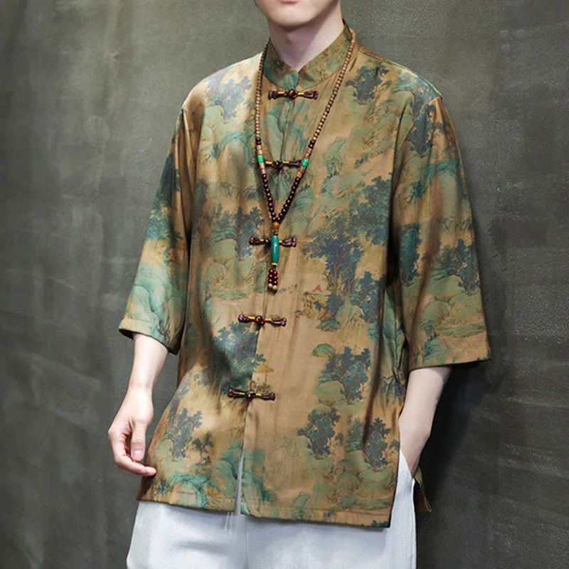 Camicie da uomo a maniche corte con maniche a tre quarti, motivo paesaggio con Buddha Stones drago cinese. - Image 8