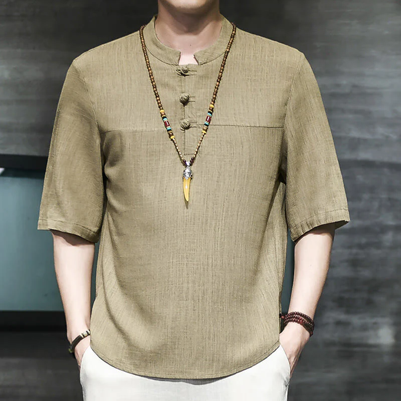 Maglietta da uomo in cotone e lino a mezza manica, stile casual vintage cinese con bottoni a forma di rana, motivo Buddha Stones - Image 3
