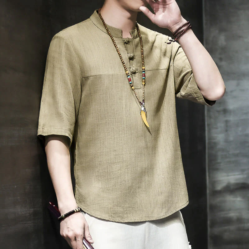 Maglietta da uomo in cotone e lino a mezza manica, stile casual vintage cinese con bottoni a forma di rana, motivo Buddha Stones - Image 4