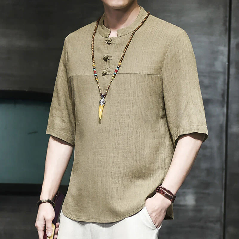 Maglietta da uomo in cotone e lino a mezza manica, stile casual vintage cinese con bottoni a forma di rana, motivo Buddha Stones - Image 5