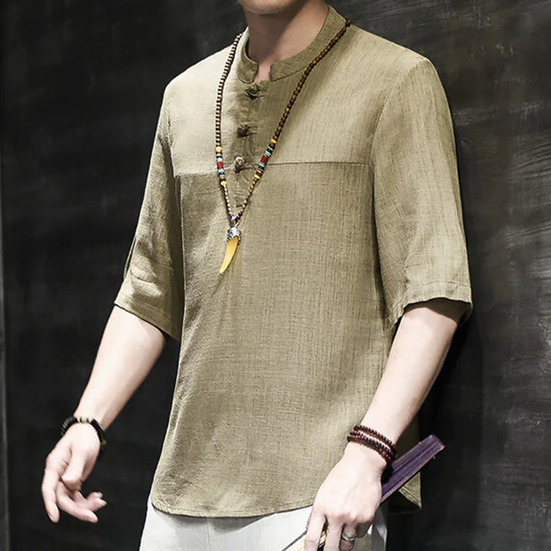 Maglietta da uomo in cotone e lino a mezza manica, stile casual vintage cinese con bottoni a forma di rana, motivo Buddha Stones - Image 6