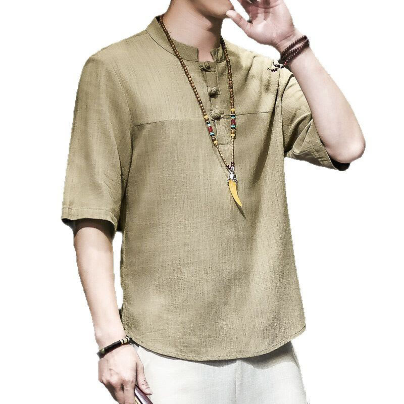 Maglietta da uomo in cotone e lino a mezza manica, stile casual vintage cinese con bottoni a forma di rana, motivo Buddha Stones - Image 7