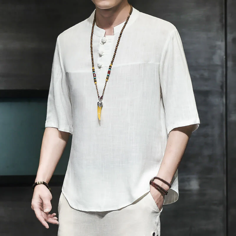 Maglietta da uomo in cotone e lino a mezza manica, stile casual vintage cinese con bottoni a forma di rana, motivo Buddha Stones - Image 8