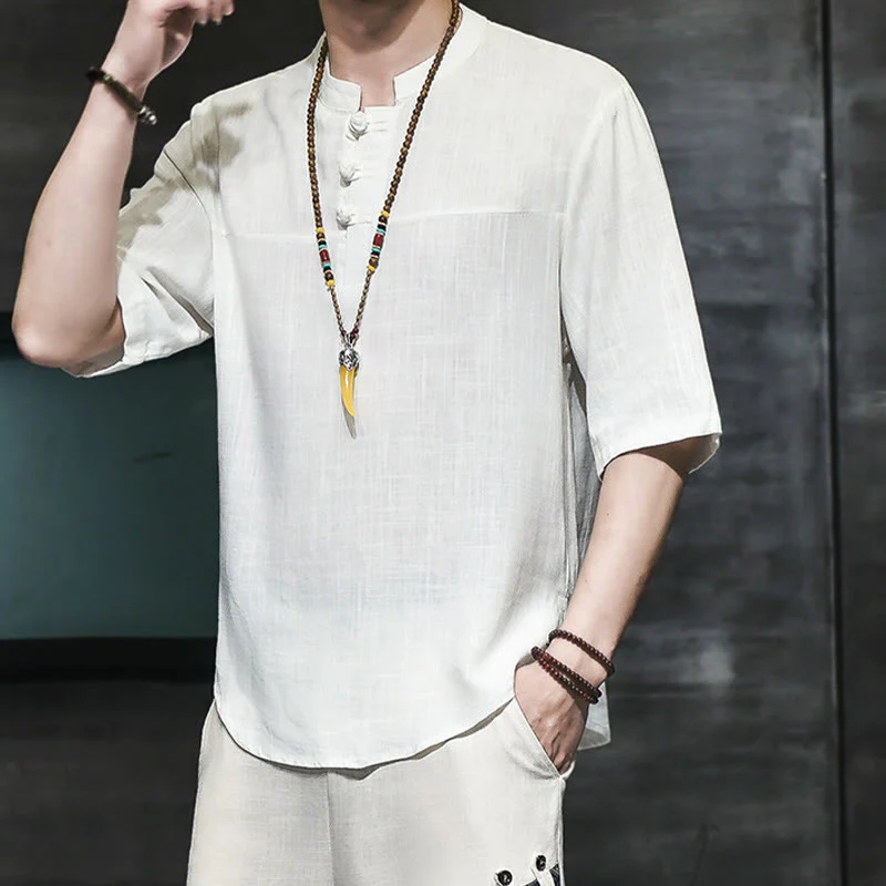 Maglietta da uomo in cotone e lino a mezza manica, stile casual vintage cinese con bottoni a forma di rana, motivo Buddha Stones - Image 9