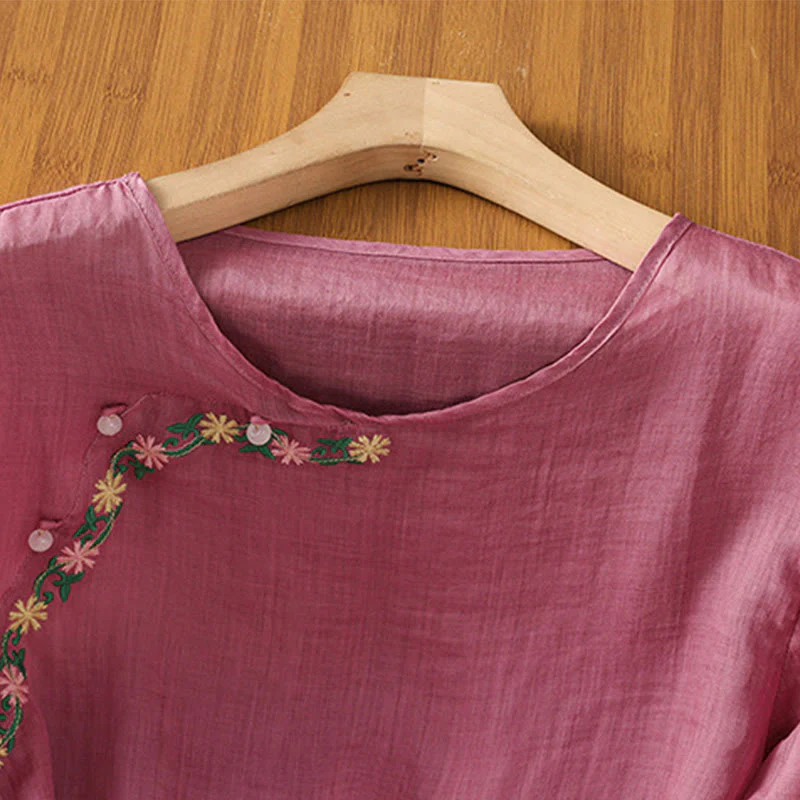 Maglietta girocollo da donna in cotone e poliestere con maniche corte e ricamo casual di Buddha Stones e fiori - Image 15
