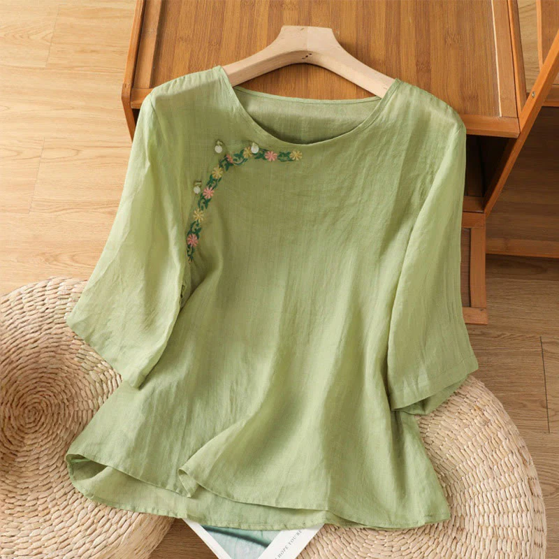 Maglietta girocollo da donna in cotone e poliestere con maniche corte e ricamo casual di Buddha Stones e fiori - Image 17