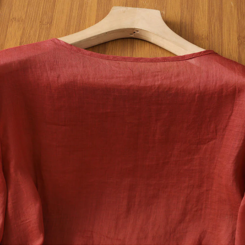 Maglietta girocollo da donna in cotone e poliestere con maniche corte e ricamo casual di Buddha Stones e fiori - Image 5