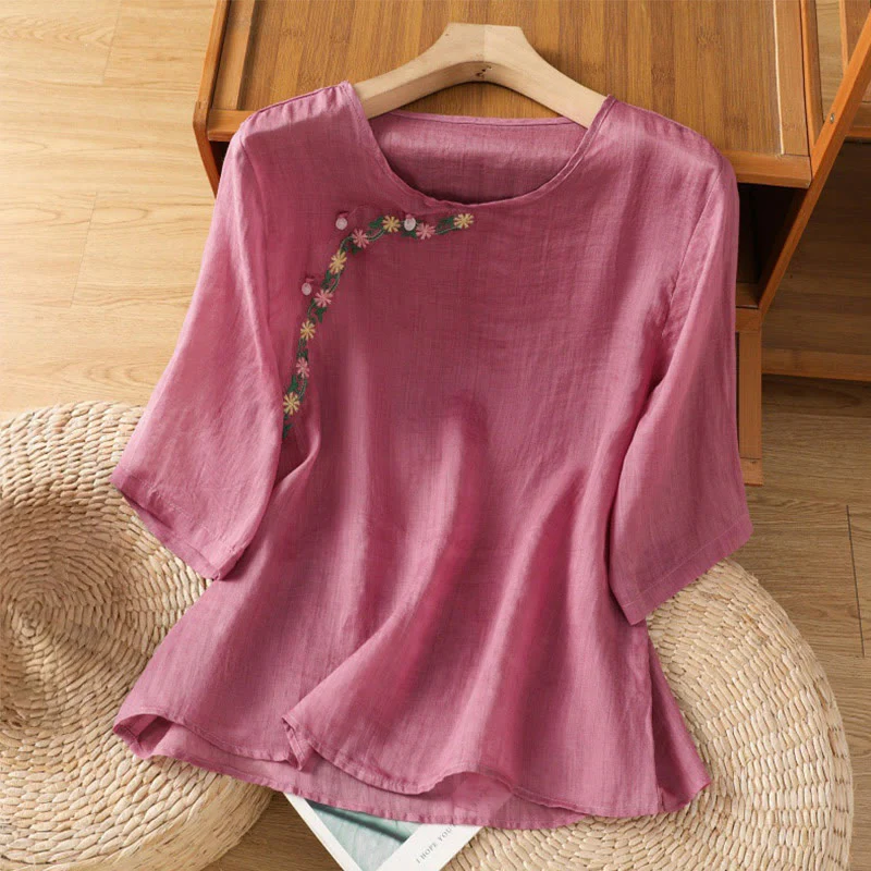 Maglietta girocollo da donna in cotone e poliestere con maniche corte e ricamo casual di Buddha Stones e fiori - Image 8